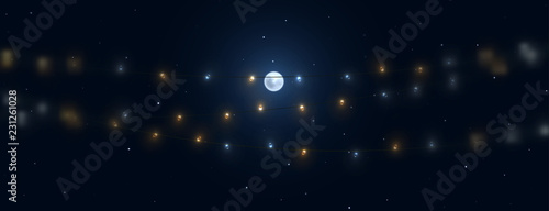 Night background with full moon on starry background and the horizontal string light garlands.