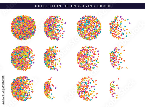 Brush stipple colored confetti of hearts pattern for design.
