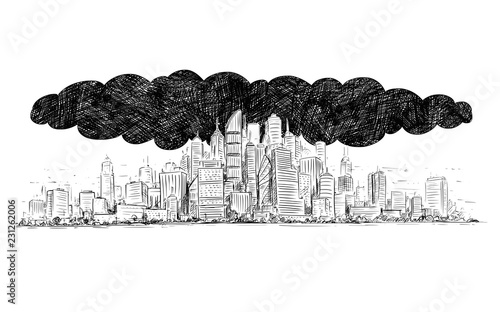 Vector artistic pen and ink drawing illustration of high rise building and dark smoke cloud covering the city by air pollution.
