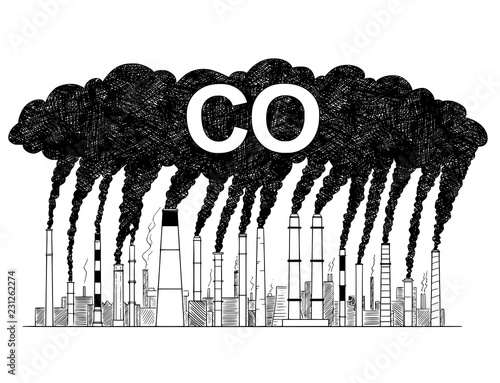 Vector artistic pen and ink drawing illustration of smoke coming from industry or factory smokestacks or chimneys into air. Environmental concept of carbon monoxide or CO air pollution.