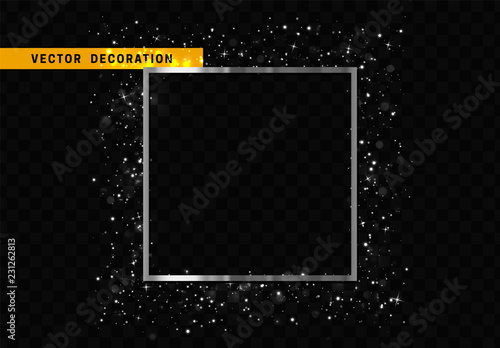 Silver square frame isolated on transparent background. Glitter border shining particles, of light effects