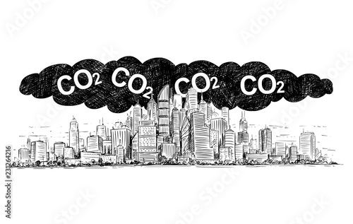 Vector artistic pen and ink drawing illustration of high rise building and smog covering the city. Environmental concept of toxic and deadly carbon dioxide or CO2 air pollution.