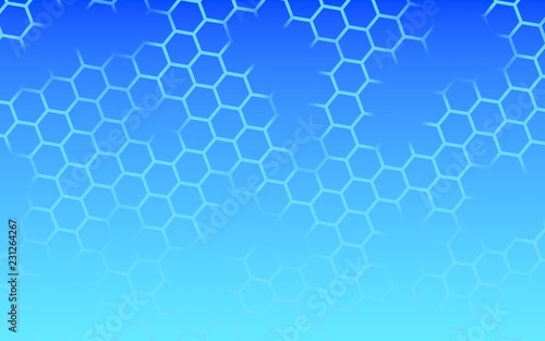 Translucent, with breaks, honeycomb on a gradient blue sky background. Perspective view on polygon look like honeycomb. Isometric geometry. 3D illustration