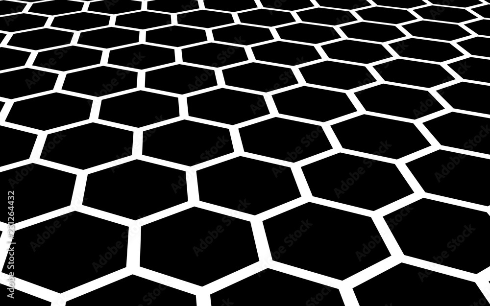White honeycomb on a black background. Perspective view on polygon look like honeycomb. Isometric geometry. 3D illustration White honeycomb on a black background. Perspective view on polygon look like honeycomb. Isometric geometry. 3D illustration