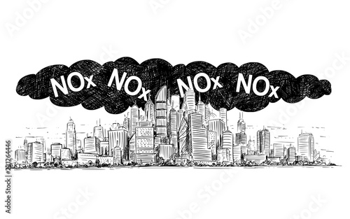 Vector artistic pen and ink drawing illustration of high rise building and smog covering the city. Environmental concept of toxic and deadly nitrogen oxides or NOx air pollution.