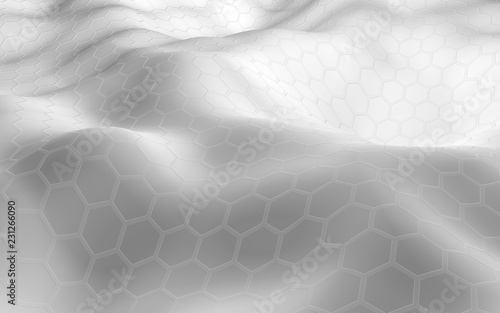 Honeycomb white with a gradient color on a light background. Perspective view on polygon look like honeycomb. Wavy surface. Isometric geometry. 3D illustration photo