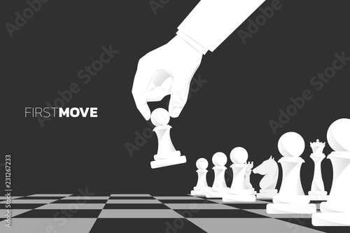 close up hand move pawn chess piece to start game. concept of first move business strategy and marketing plan.