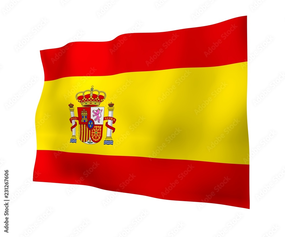 The flag of Spain. Official state symbol of the Kingdom of Spain. Concept: web, sports pages, language courses, travelling, design elements. 3d illustration The flag of Spain. Official state symbol of the Kingdom of Spain. Concept: web, sports pages, language courses, travelling, design elements. 3d illustration