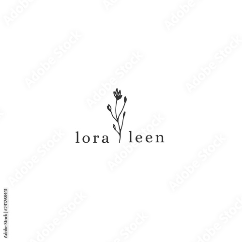 Vector hand drawn floral logo template in minimal style.