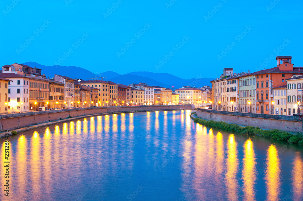 River Arno at night Pisa Italy