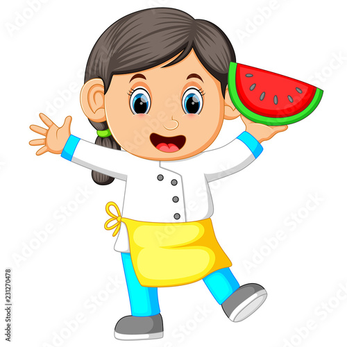 a female chef holding watermelon