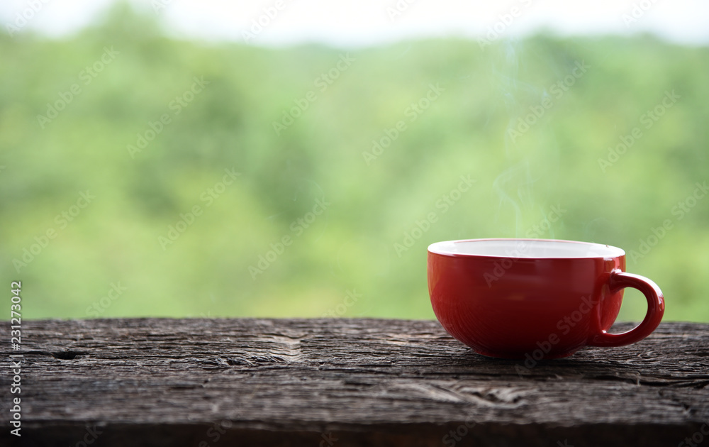Hot coffee Red Coffee Cup wooden table morning nature Hot coffee Red Coffee Cup wooden table morning nature