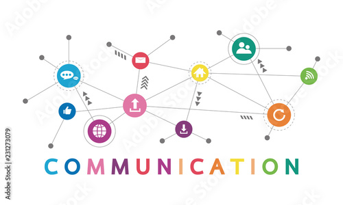 Vector illustration of a communication concept. The word communication with colorful dialog speech bubbles