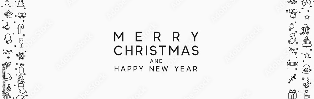 Merry Christmas and Happy New Year horizontal banner with xmas decorative elements line style Merry Christmas and Happy New Year horizontal banner with xmas decorative elements line style