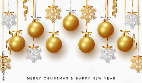 Christmas golden balls background. Festive xmas decoration gold bauble and bright snowflake, hanging on the ribbon.
