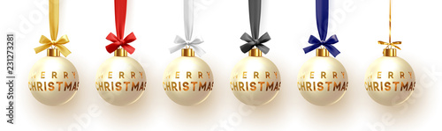 Christmas balls on ribbon isolated on white background. Xmas decoration bauble