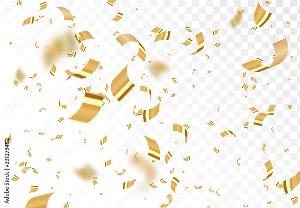 Falling shiny golden confetti isolated on transparent background. Bright festive tinsel of gold color. - obrazy, fototapety, plakaty 
