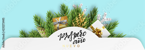 Spanish text Prospero ano Nuevo. Feliz Navidad. Christmas vector banner, with holiday objects. Background with gift box and fir branches design. Xmas decoration elements.