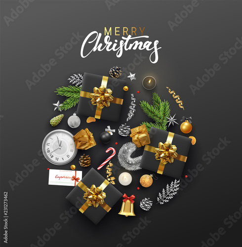 Christmas greeting card with holiday objects. Merry Christmas and happy new year. Background with gift box and balls design. Postcard with clocks, candles and fir branches. Xmas decoration elements.