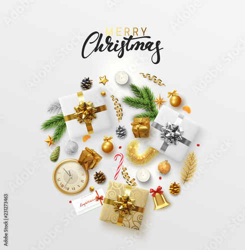 Christmas greeting card with holiday objects. Merry Christmas and happy new year. Background with gift box and balls design. Postcard with clocks, candles and fir branches. Xmas decoration elements.
