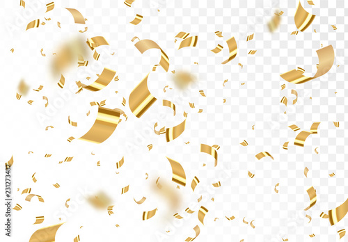 Falling shiny golden confetti isolated on transparent background. Bright festive tinsel of gold color.