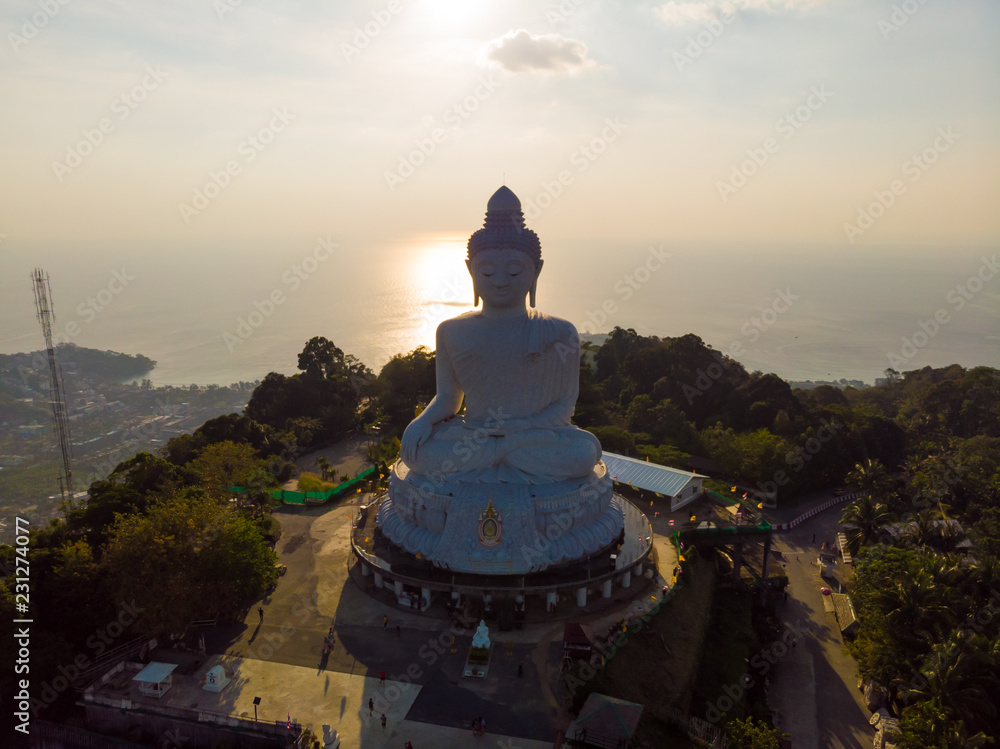 Big buddha Phuket Aerial view Sunset Thailand