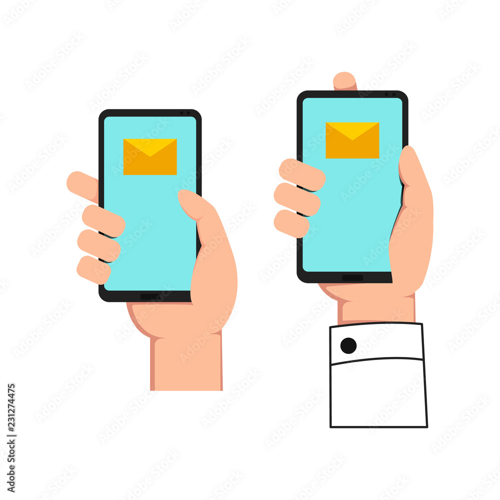 Set one hand hand holding gadget phone with email icon illustration