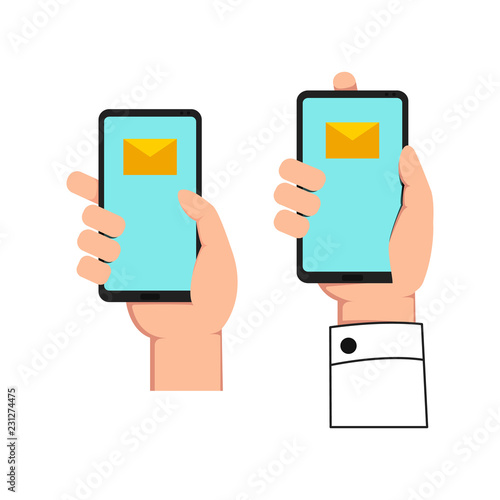 Set one hand hand holding gadget phone with email icon illustration