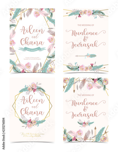 Geometry pink gold wedding invitation card with rose,leaf,ribbon,wreath,feather and frame