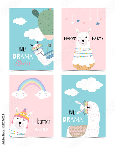 Blue pink hand drawn cute card with llama, star glasses,cactus and rainbow.No drama llama