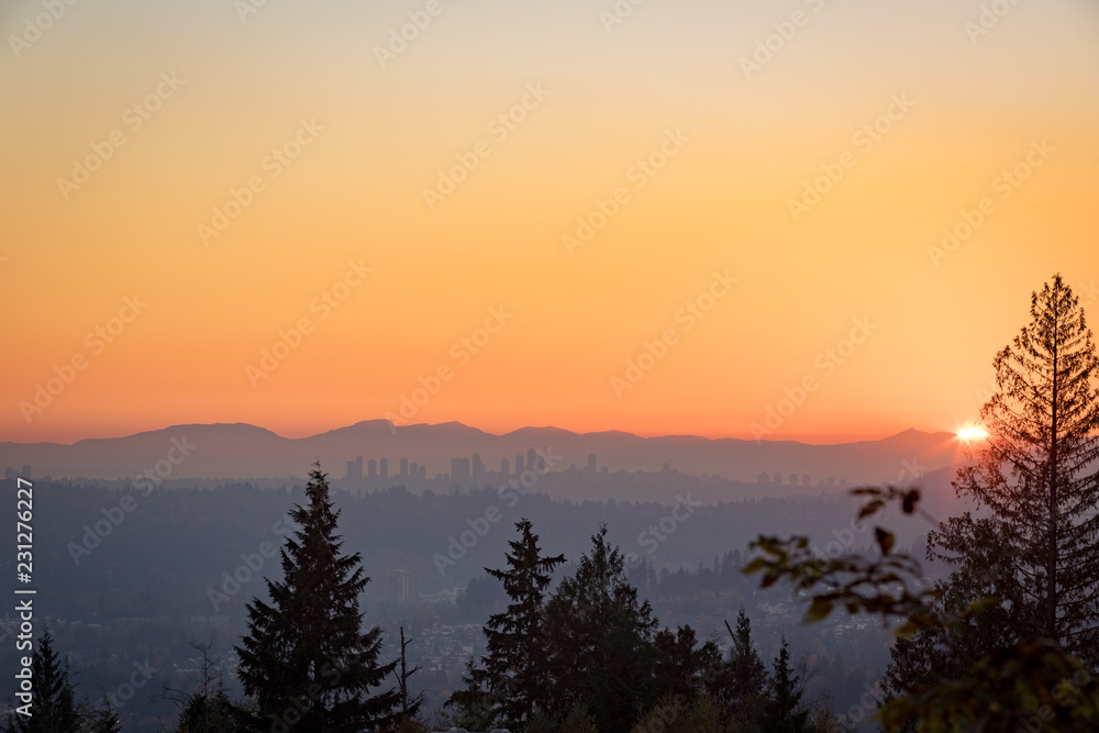 Sunset over Lower Mainland in British Columbia 