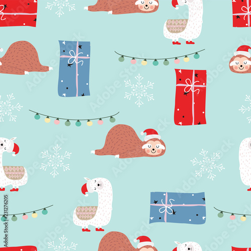 Blue red hand drawn cute seamless pattern with sloth,llama,gift box,snowflake and light in Christmas