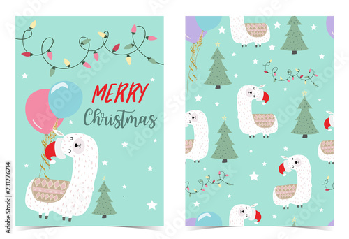 Green hand drawn cute card with llama,christmas tree,light,balloon and star in merry christmas
