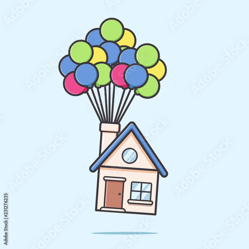 Moving house by flying with balloon cartoon vector illustration in flat rounded style
