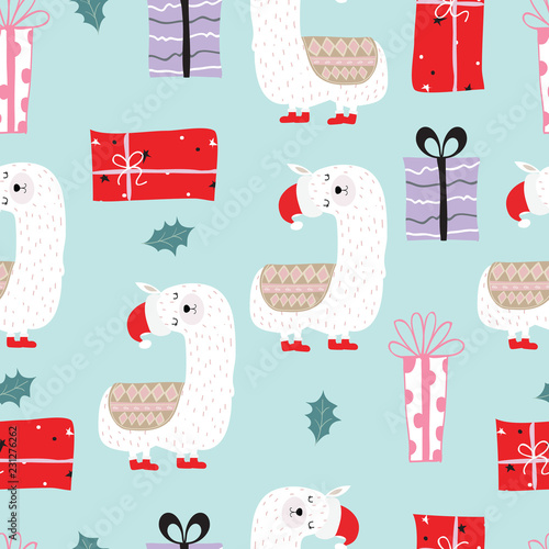 Blue hand drawn cute seamless pattern with llama,leaf,gift box in Christmass