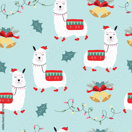 Blue hand drawn cute seamless pattern with llama,leaf,bell and light in Christmass