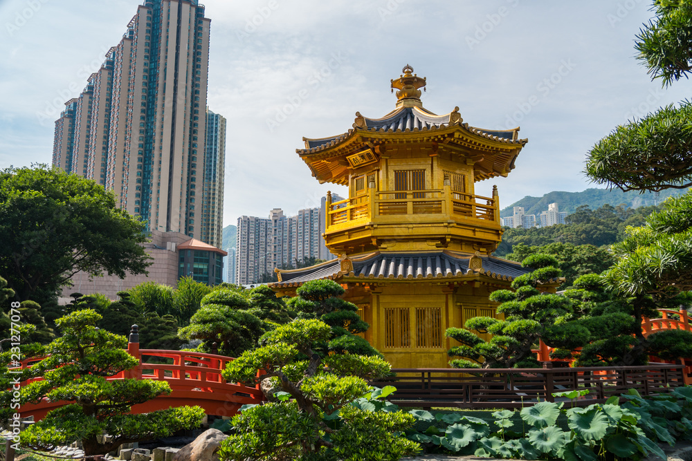 Japanese style Pagoda with busy city behind. beautiful park in Asia, temple Japanese style Pagoda with busy city behind. beautiful park in Asia, temple