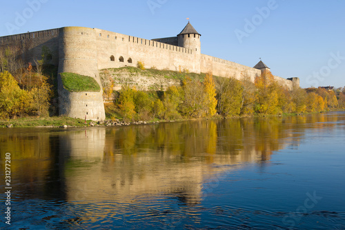 Golden autumn under the walls of the Ivangorod fortress. Leningrad region, Russia