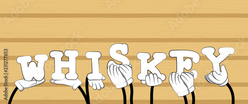 Diverse hands holding letters of the alphabet created the word Whiskey. Vector illustration.