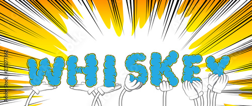 Diverse hands holding letters of the alphabet created the word Whiskey. Vector illustration.