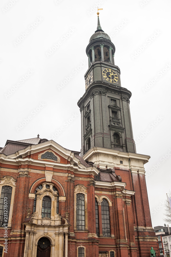 Saint Michael Church in Hamburg in a cold rainy day of early spring