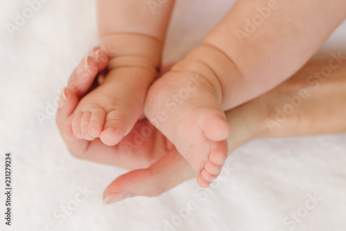 Baby feet in mamas hands - mother's love concept 