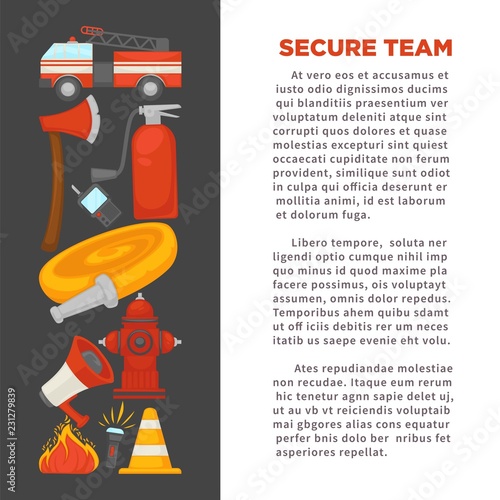 Fireman profession and fire secure protection poster of fire extinguishing equipment tools.