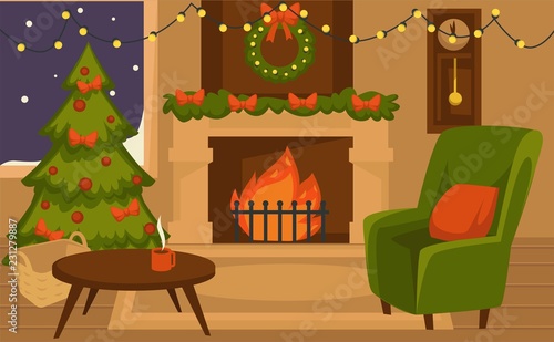 Christmas winter holidays, furniture and interior of rooms vector. © Sonulkaster