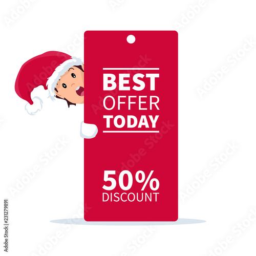 Santa claus elf with promotion sign and discount for christmas