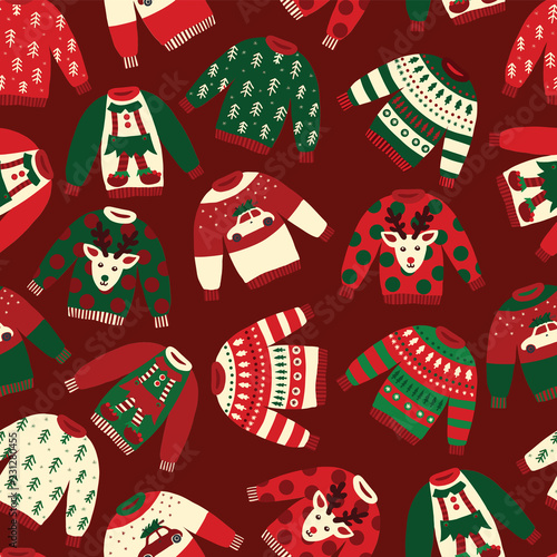 Seamless Vector Ugly Christmas sweaters pattern. Knitted winter jumpers with norwegian ornaments and decorations. Holiday background green, red, white for fabric, gift wrap, greeting cards, posters