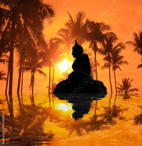Silhouette of buddha statue  with the reflection in the water at sunset. © Phaitoon