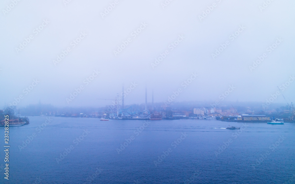 Misty view of the river and Stockholm city