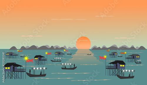 Obraz na płótnie Fishing village on the sea Have a fishing boat sunset background