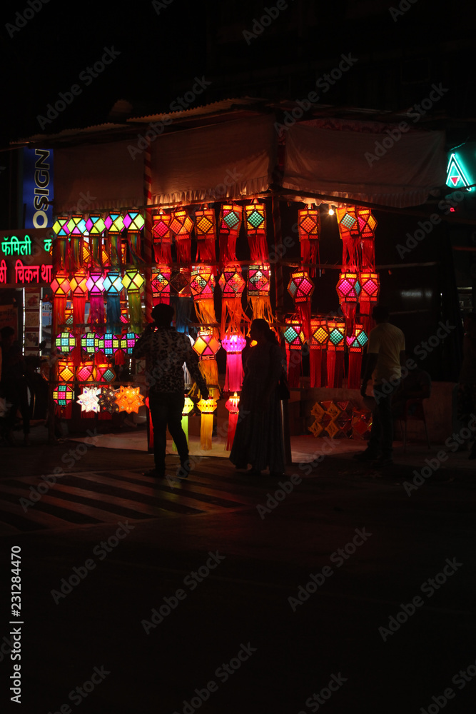 Pune, India - November 2018: Indian people shopping for traditional lanterns for the Diwali festival in India.